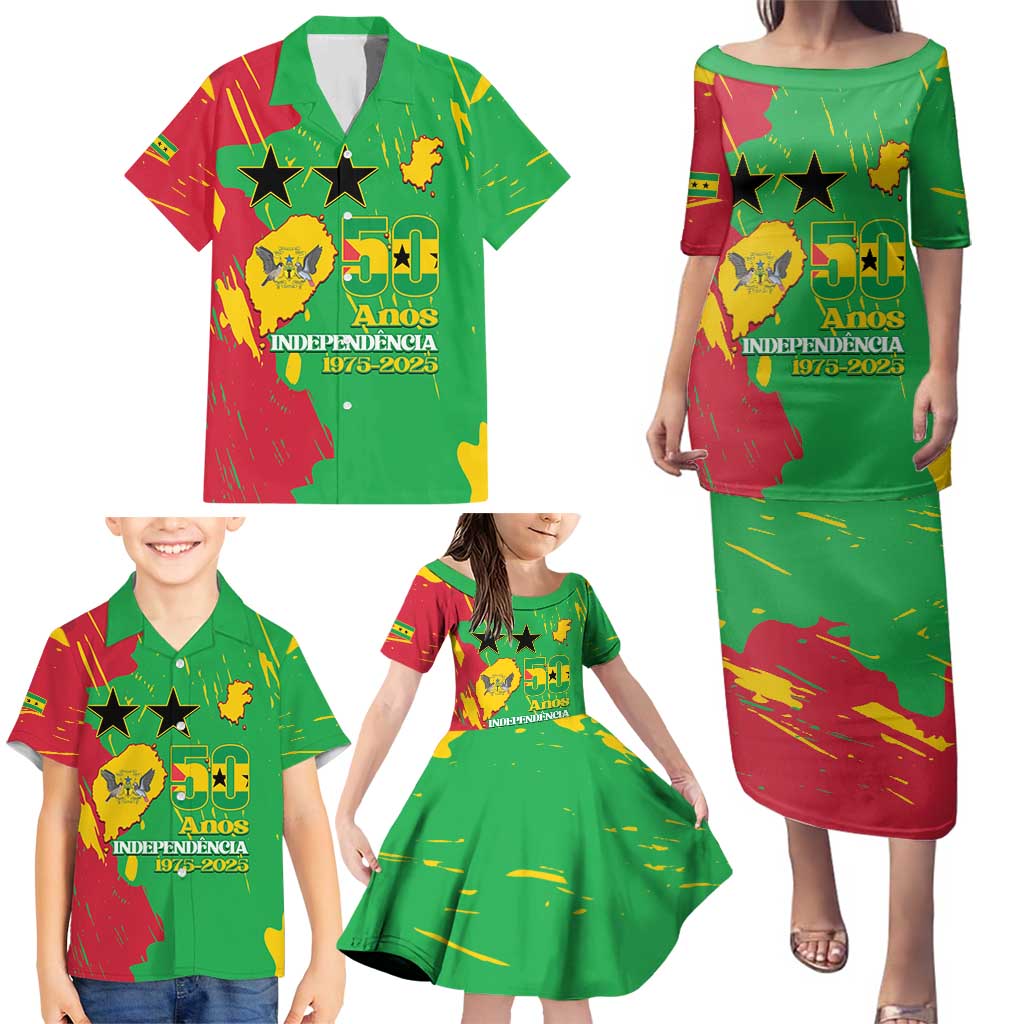 Sao Tome and Principe Independence Day Family Matching Puletasi and Hawaiian Shirt 50 Anos Independencia