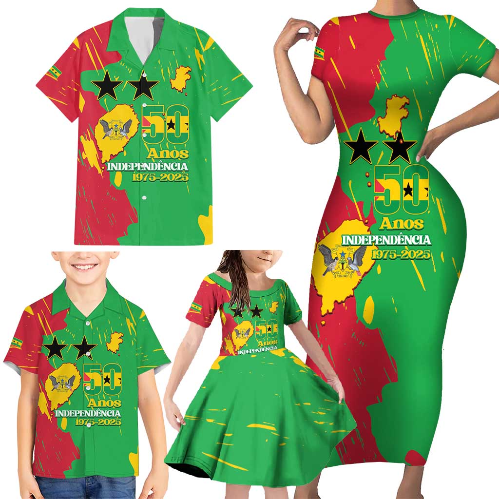 Sao Tome and Principe Independence Day Family Matching Short Sleeve Bodycon Dress and Hawaiian Shirt 50 Anos Independencia