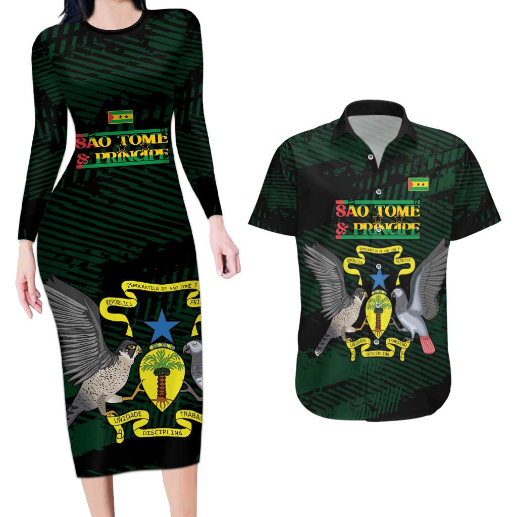 Sao Tome and Principe Couples Matching Long Sleeve Bodycon Dress and Hawaiian Shirt Coat Of Arms Style