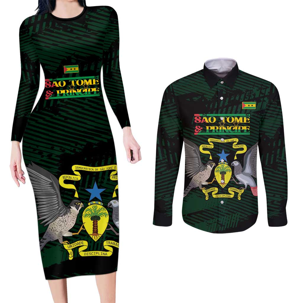 Sao Tome and Principe Couples Matching Long Sleeve Bodycon Dress and Long Sleeve Button Shirt Coat Of Arms Style