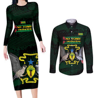 Sao Tome and Principe Couples Matching Long Sleeve Bodycon Dress and Long Sleeve Button Shirt Coat Of Arms Style