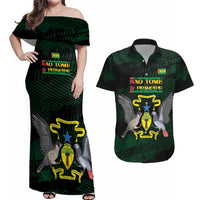 Sao Tome and Principe Couples Matching Off Shoulder Maxi Dress and Hawaiian Shirt Coat Of Arms Style