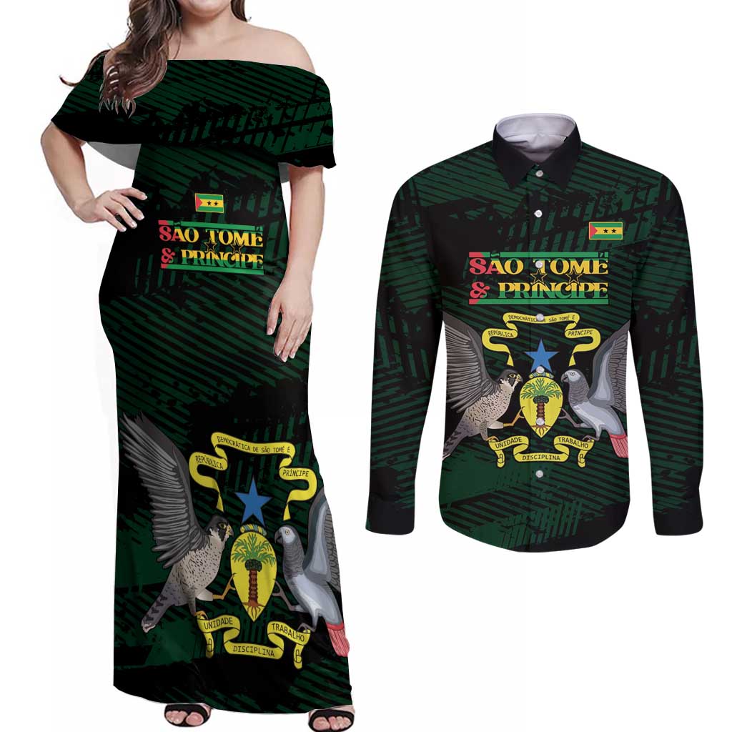 Sao Tome and Principe Couples Matching Off Shoulder Maxi Dress and Long Sleeve Button Shirt Coat Of Arms Style