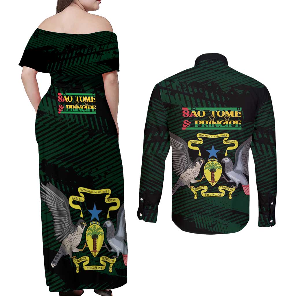 Sao Tome and Principe Couples Matching Off Shoulder Maxi Dress and Long Sleeve Button Shirt Coat Of Arms Style