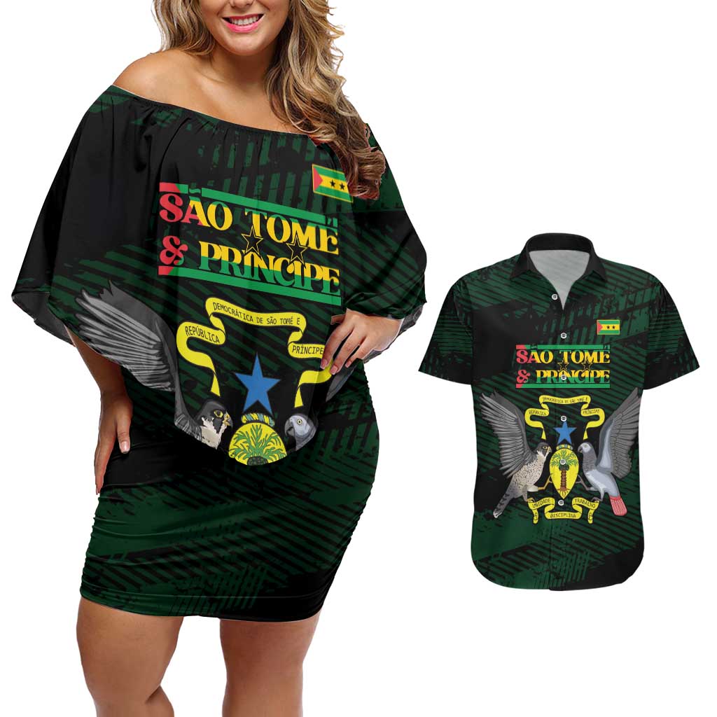 Sao Tome and Principe Couples Matching Off Shoulder Short Dress and Hawaiian Shirt Coat Of Arms Style