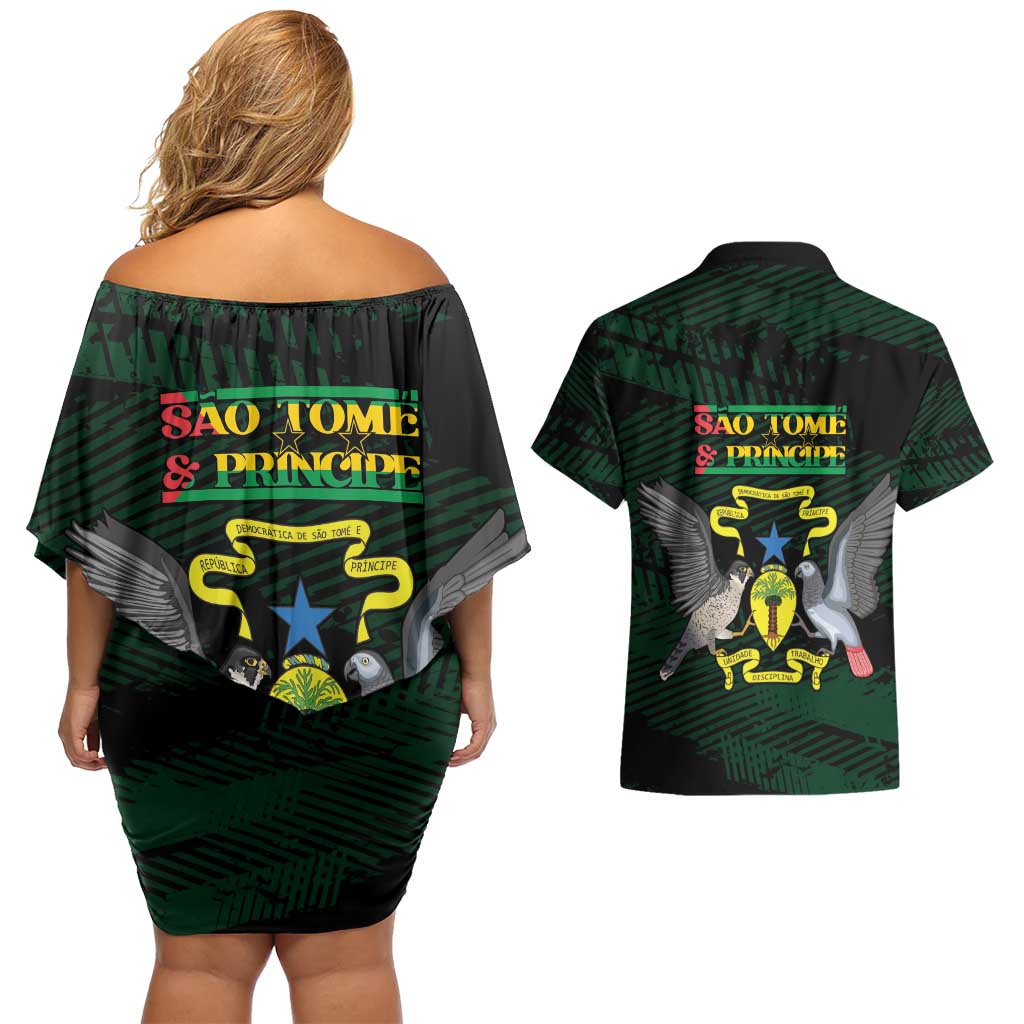 Sao Tome and Principe Couples Matching Off Shoulder Short Dress and Hawaiian Shirt Coat Of Arms Style