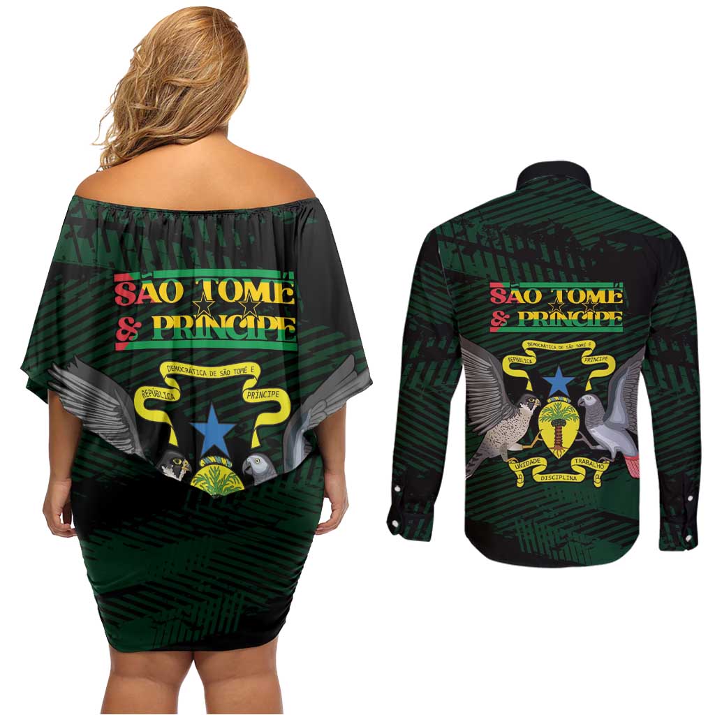Sao Tome and Principe Couples Matching Off Shoulder Short Dress and Long Sleeve Button Shirt Coat Of Arms Style