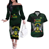 Sao Tome and Principe Couples Matching Off The Shoulder Long Sleeve Dress and Hawaiian Shirt Coat Of Arms Style