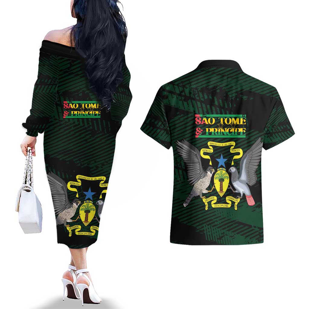 Sao Tome and Principe Couples Matching Off The Shoulder Long Sleeve Dress and Hawaiian Shirt Coat Of Arms Style