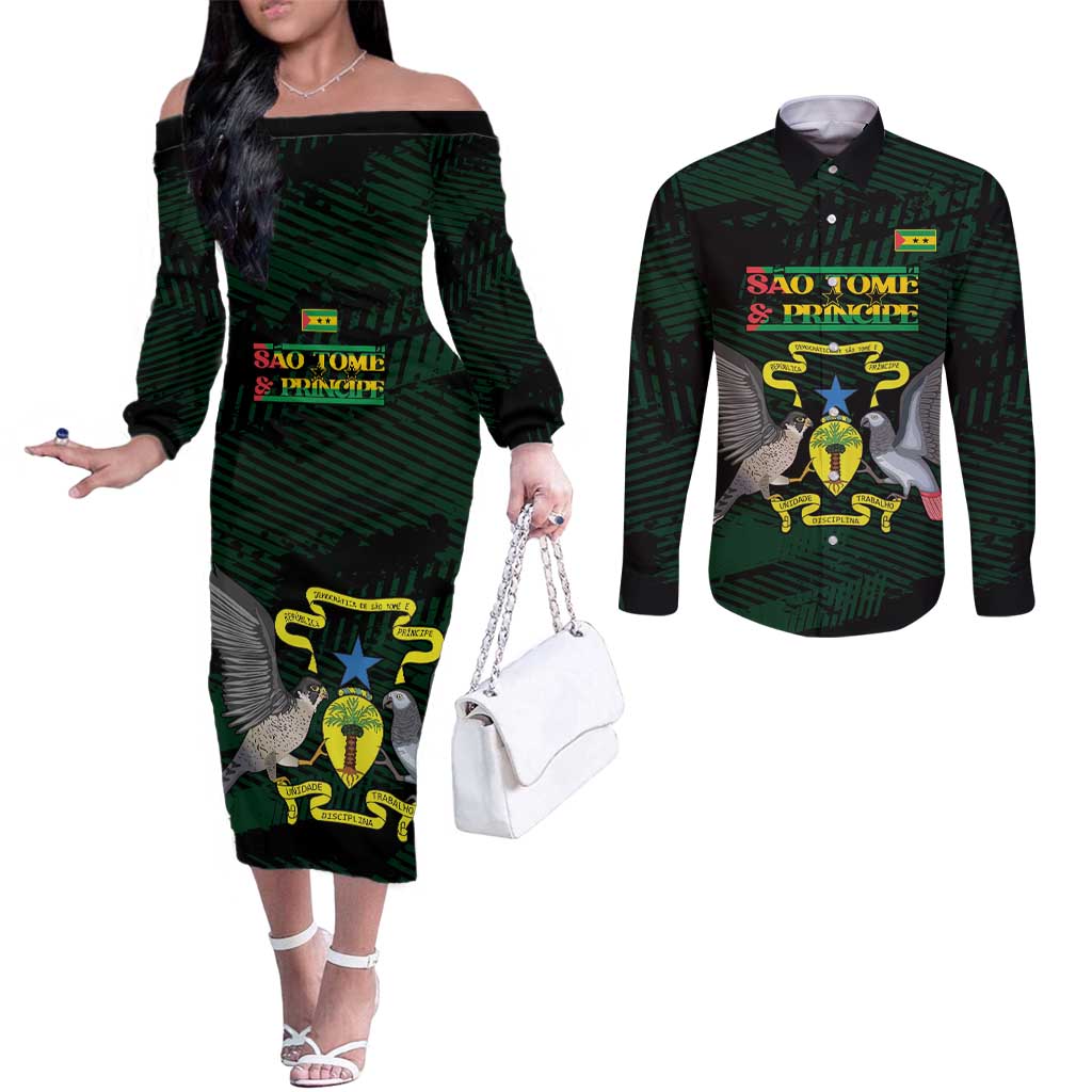 Sao Tome and Principe Couples Matching Off The Shoulder Long Sleeve Dress and Long Sleeve Button Shirt Coat Of Arms Style