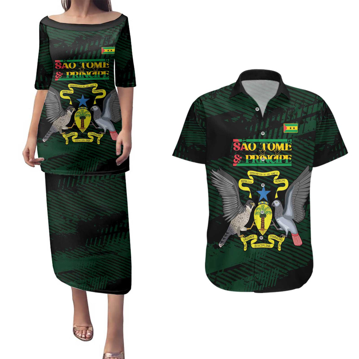 Sao Tome and Principe Couples Matching Puletasi and Hawaiian Shirt Coat Of Arms Style