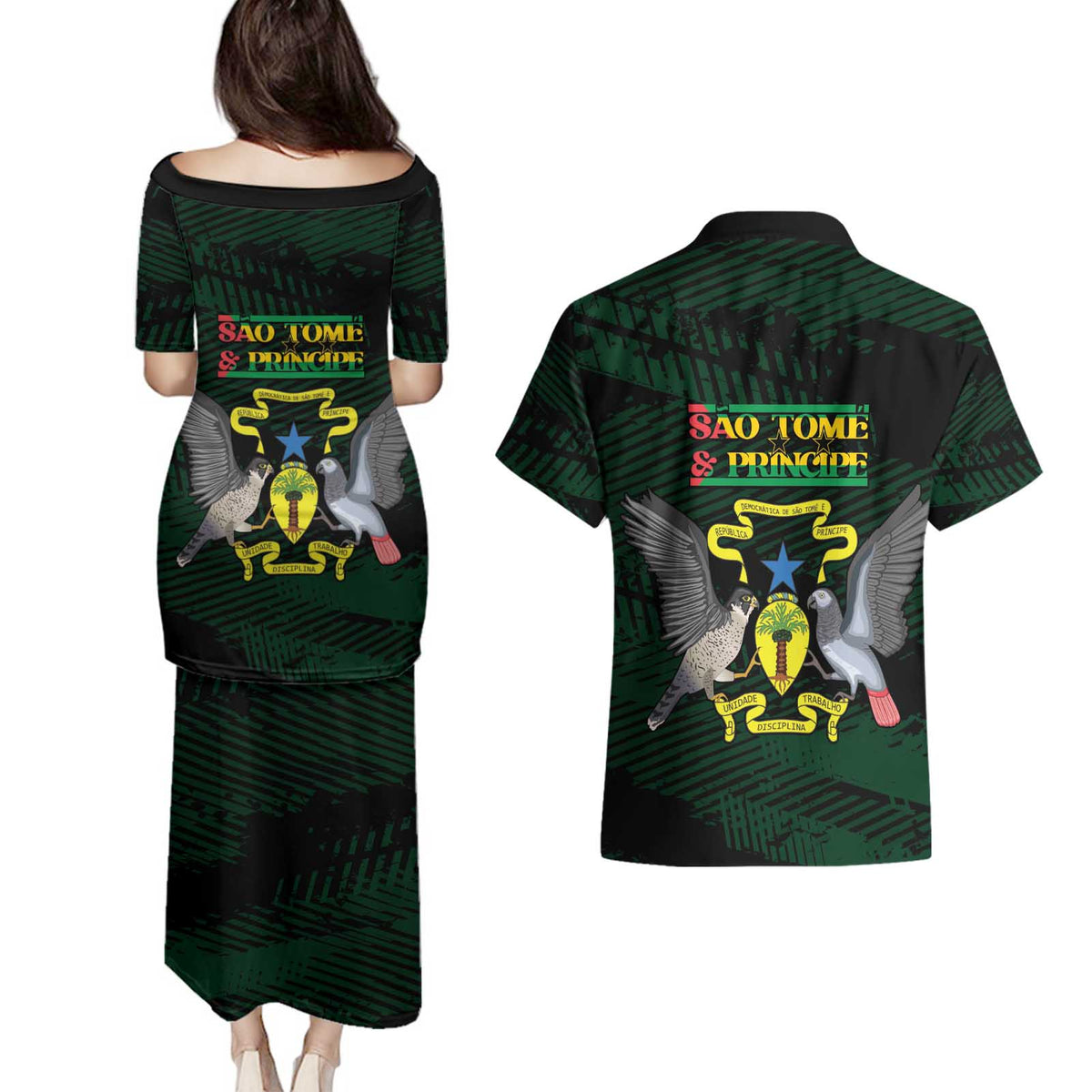 Sao Tome and Principe Couples Matching Puletasi and Hawaiian Shirt Coat Of Arms Style