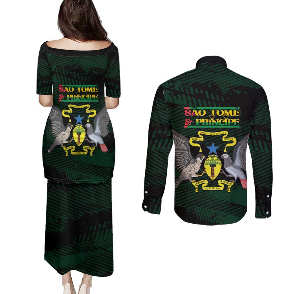 Sao Tome and Principe Couples Matching Puletasi and Long Sleeve Button Shirt Coat Of Arms Style