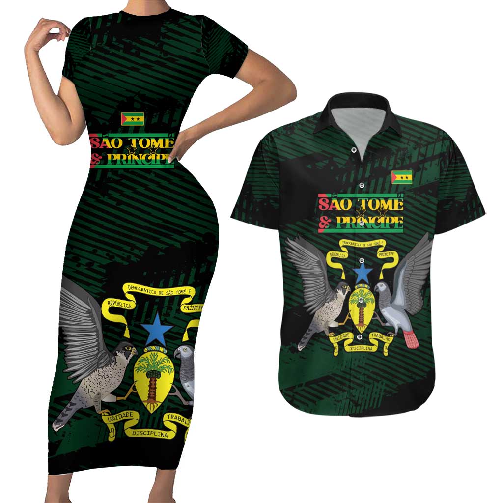 Sao Tome and Principe Couples Matching Short Sleeve Bodycon Dress and Hawaiian Shirt Coat Of Arms Style
