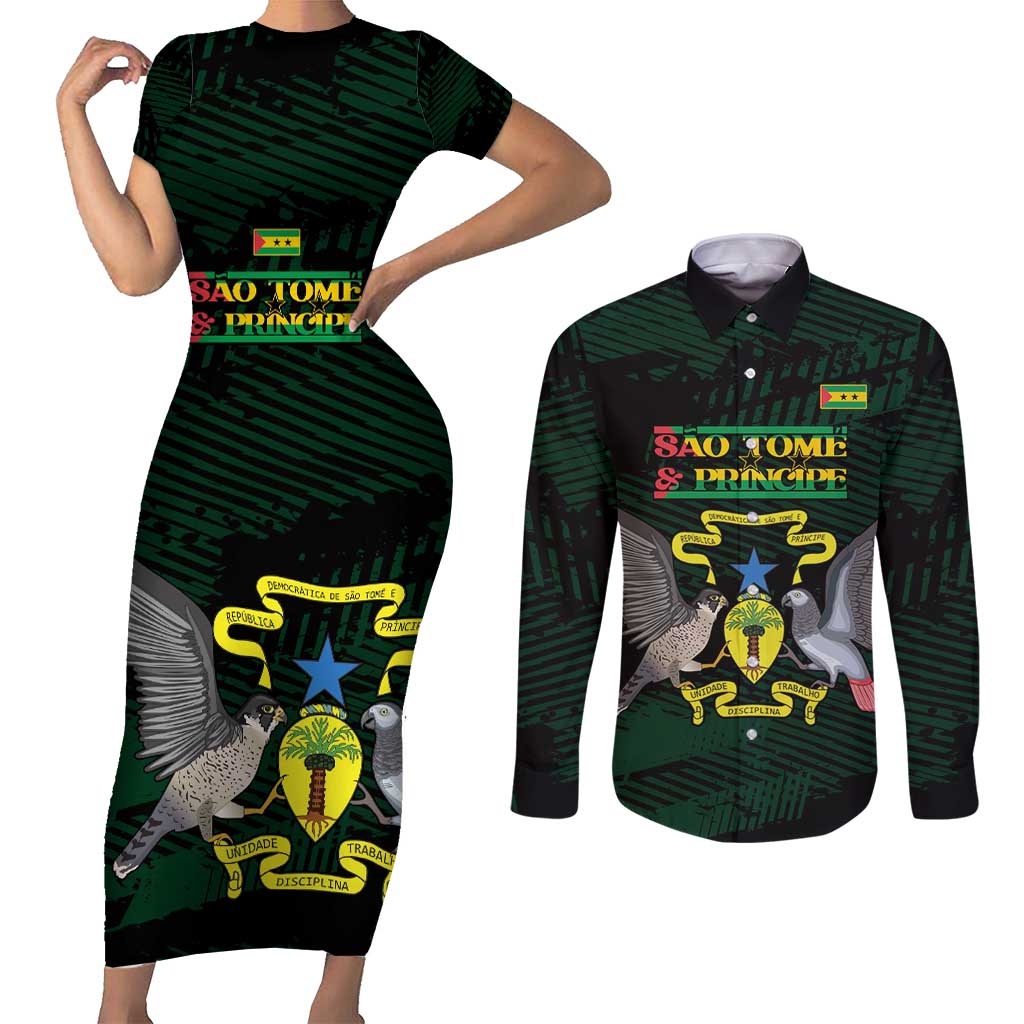 Sao Tome and Principe Couples Matching Short Sleeve Bodycon Dress and Long Sleeve Button Shirt Coat Of Arms Style