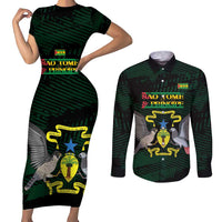 Sao Tome and Principe Couples Matching Short Sleeve Bodycon Dress and Long Sleeve Button Shirt Coat Of Arms Style
