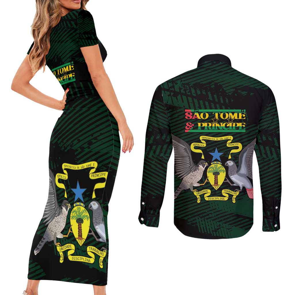 Sao Tome and Principe Couples Matching Short Sleeve Bodycon Dress and Long Sleeve Button Shirt Coat Of Arms Style
