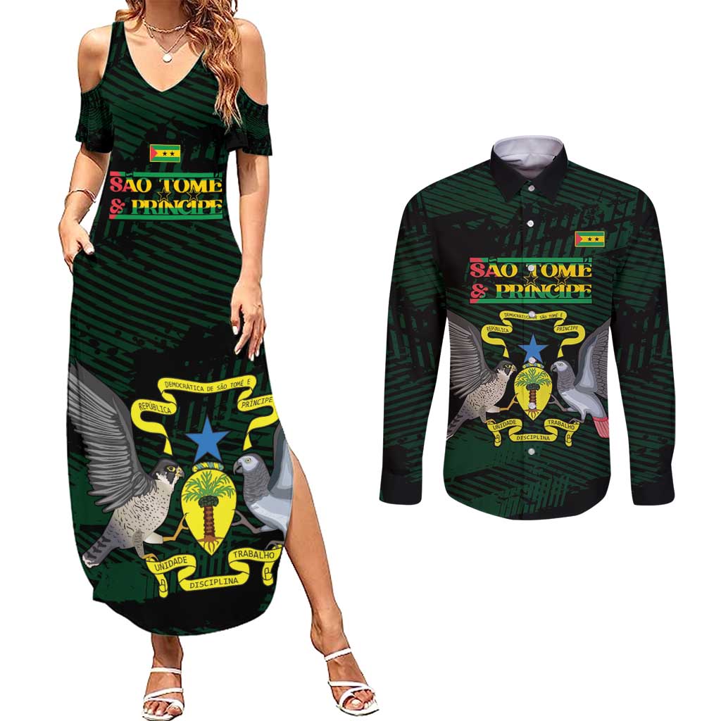 Sao Tome and Principe Couples Matching Summer Maxi Dress and Long Sleeve Button Shirt Coat Of Arms Style