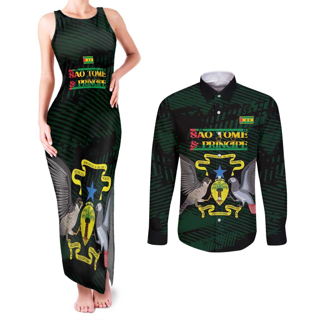 Sao Tome and Principe Couples Matching Tank Maxi Dress and Long Sleeve Button Shirt Coat Of Arms Style