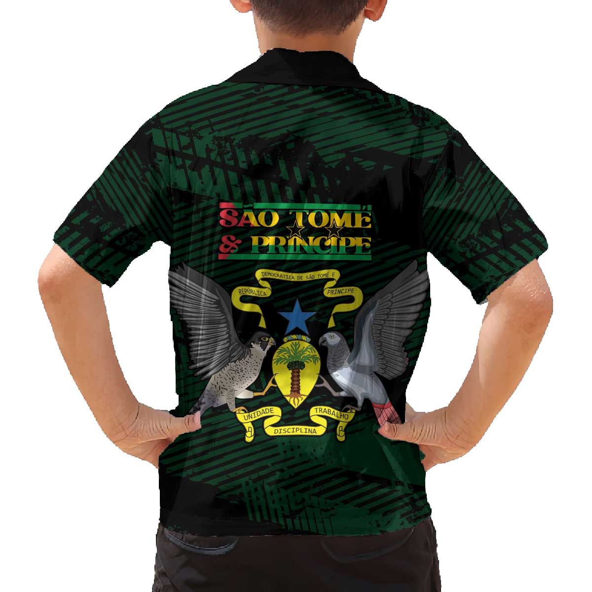 Sao Tome and Principe Family Matching Off The Shoulder Long Sleeve Dress and Hawaiian Shirt Coat Of Arms Style
