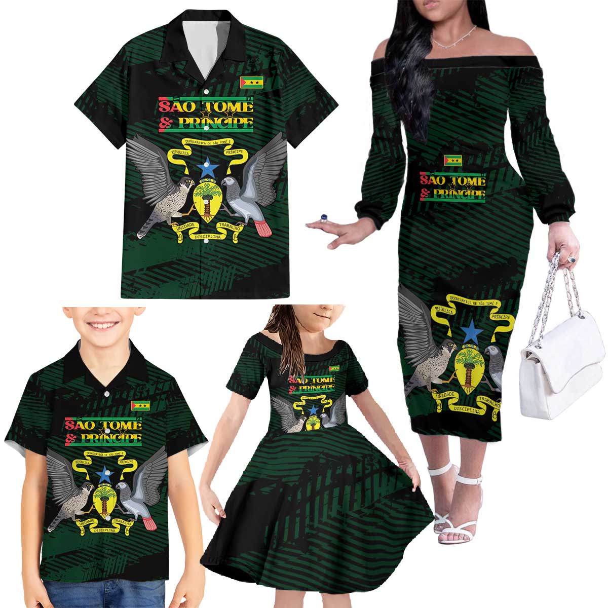 Sao Tome and Principe Family Matching Off The Shoulder Long Sleeve Dress and Hawaiian Shirt Coat Of Arms Style