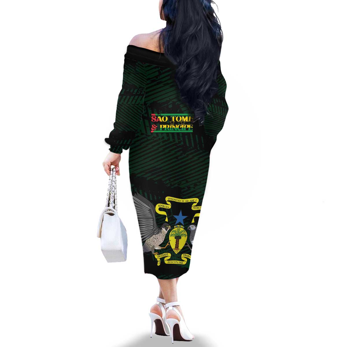 Sao Tome and Principe Family Matching Off The Shoulder Long Sleeve Dress and Hawaiian Shirt Coat Of Arms Style