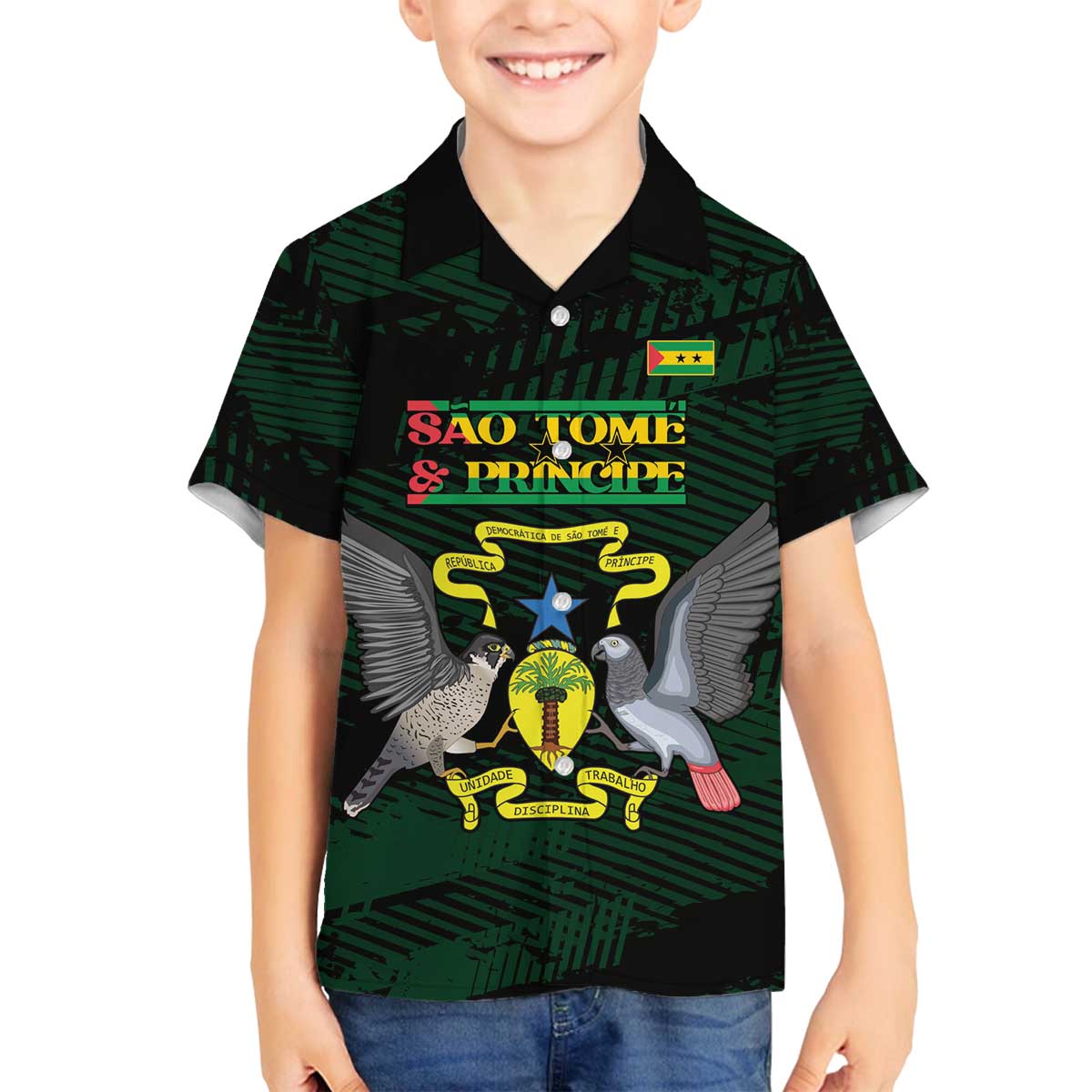 Sao Tome and Principe Family Matching Off The Shoulder Long Sleeve Dress and Hawaiian Shirt Coat Of Arms Style