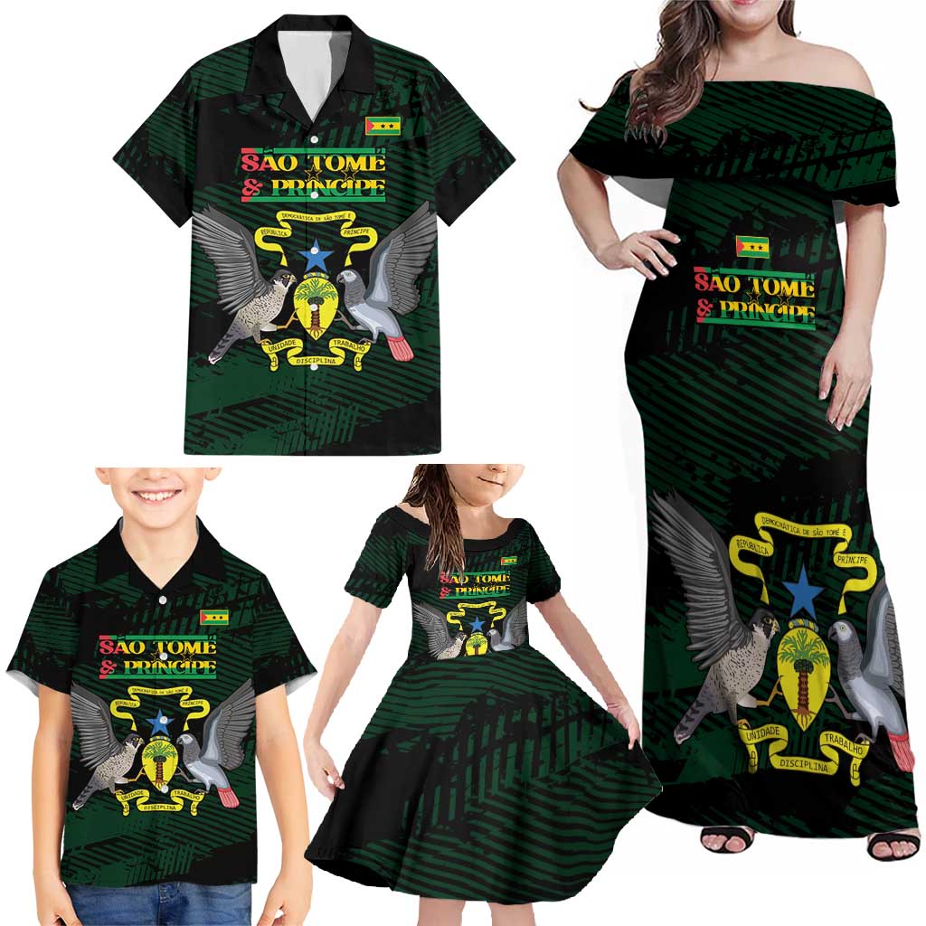 Sao Tome and Principe Family Matching Off Shoulder Maxi Dress and Hawaiian Shirt Coat Of Arms Style