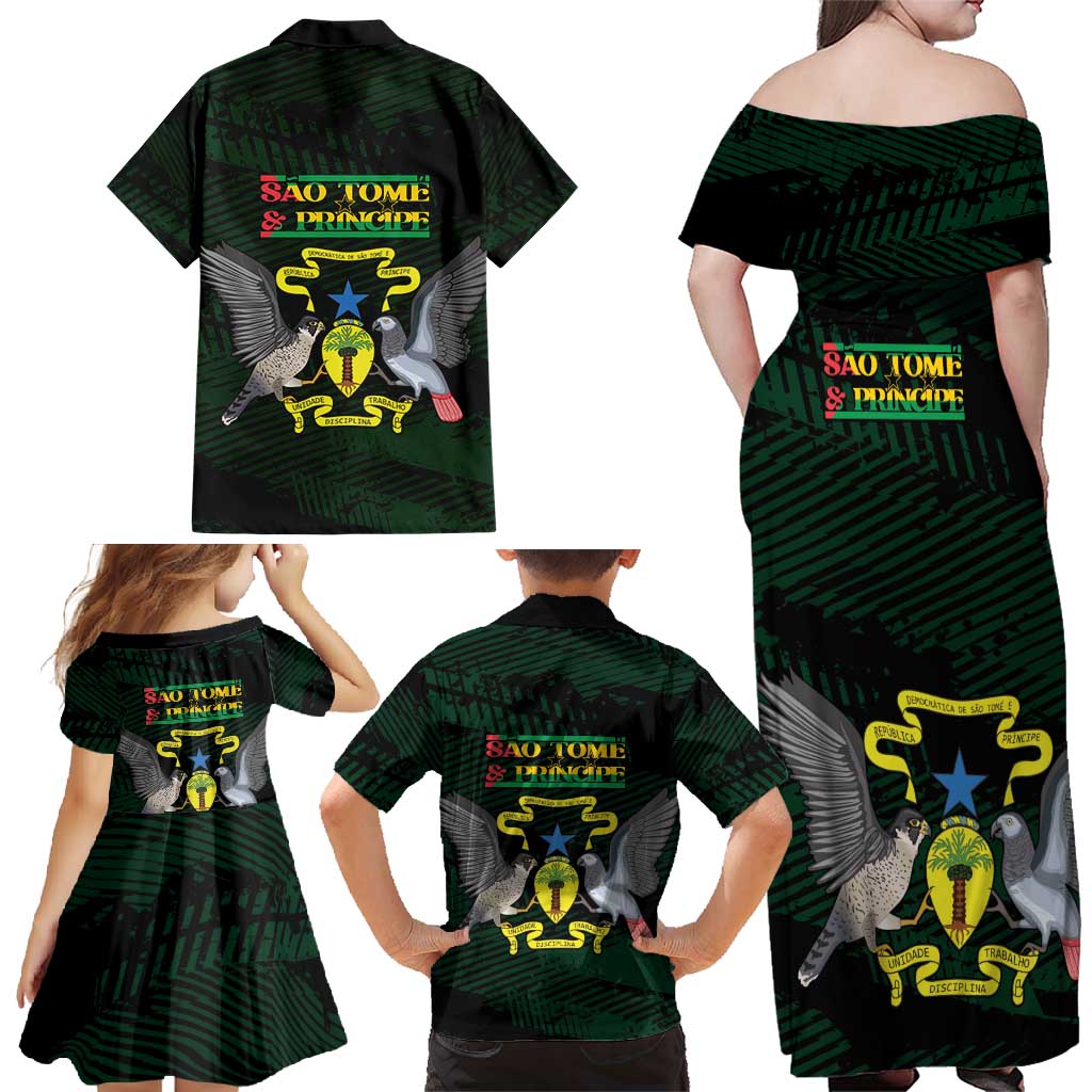 Sao Tome and Principe Family Matching Off Shoulder Maxi Dress and Hawaiian Shirt Coat Of Arms Style