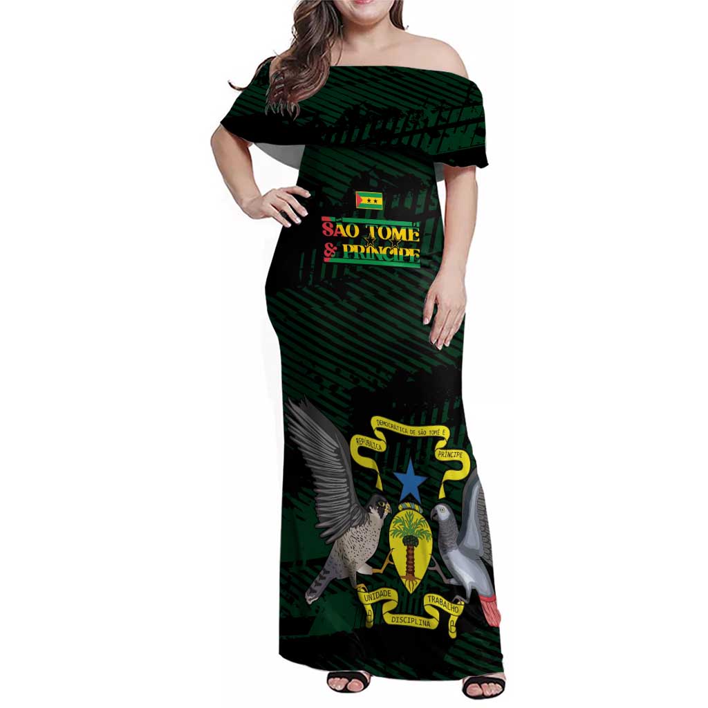 Sao Tome and Principe Family Matching Off Shoulder Maxi Dress and Hawaiian Shirt Coat Of Arms Style