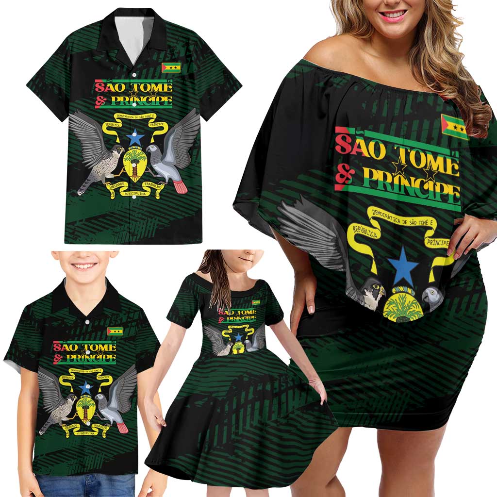 Sao Tome and Principe Family Matching Off Shoulder Short Dress and Hawaiian Shirt Coat Of Arms Style