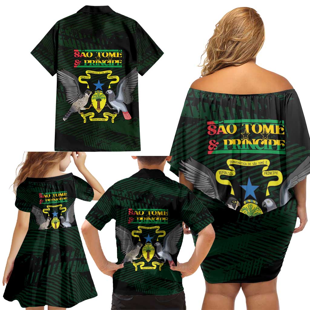 Sao Tome and Principe Family Matching Off Shoulder Short Dress and Hawaiian Shirt Coat Of Arms Style