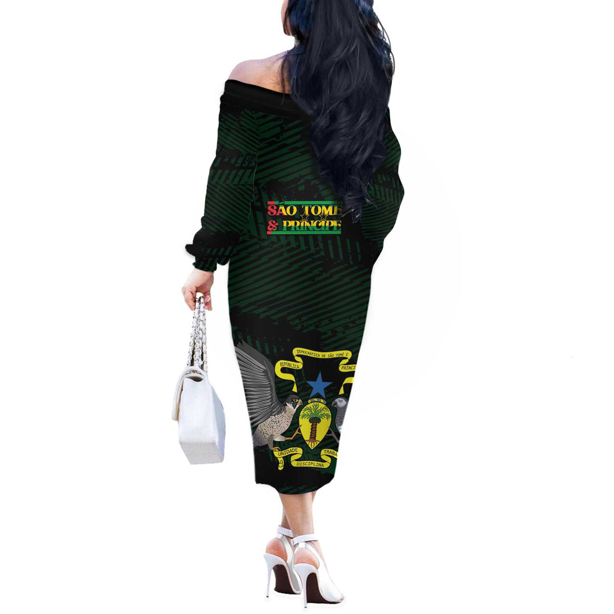 Sao Tome and Principe Off The Shoulder Long Sleeve Dress Coat Of Arms Style