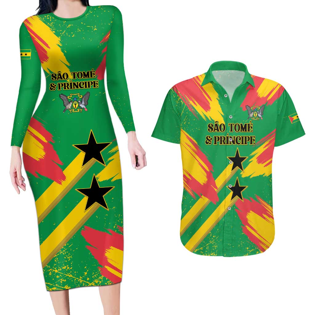 Custom Sao Tome and Principe Football Couples Matching Long Sleeve Bodycon Dress and Hawaiian Shirt Selecao dos Falcoes e Papagaios
