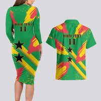 Custom Sao Tome and Principe Football Couples Matching Long Sleeve Bodycon Dress and Hawaiian Shirt Selecao dos Falcoes e Papagaios