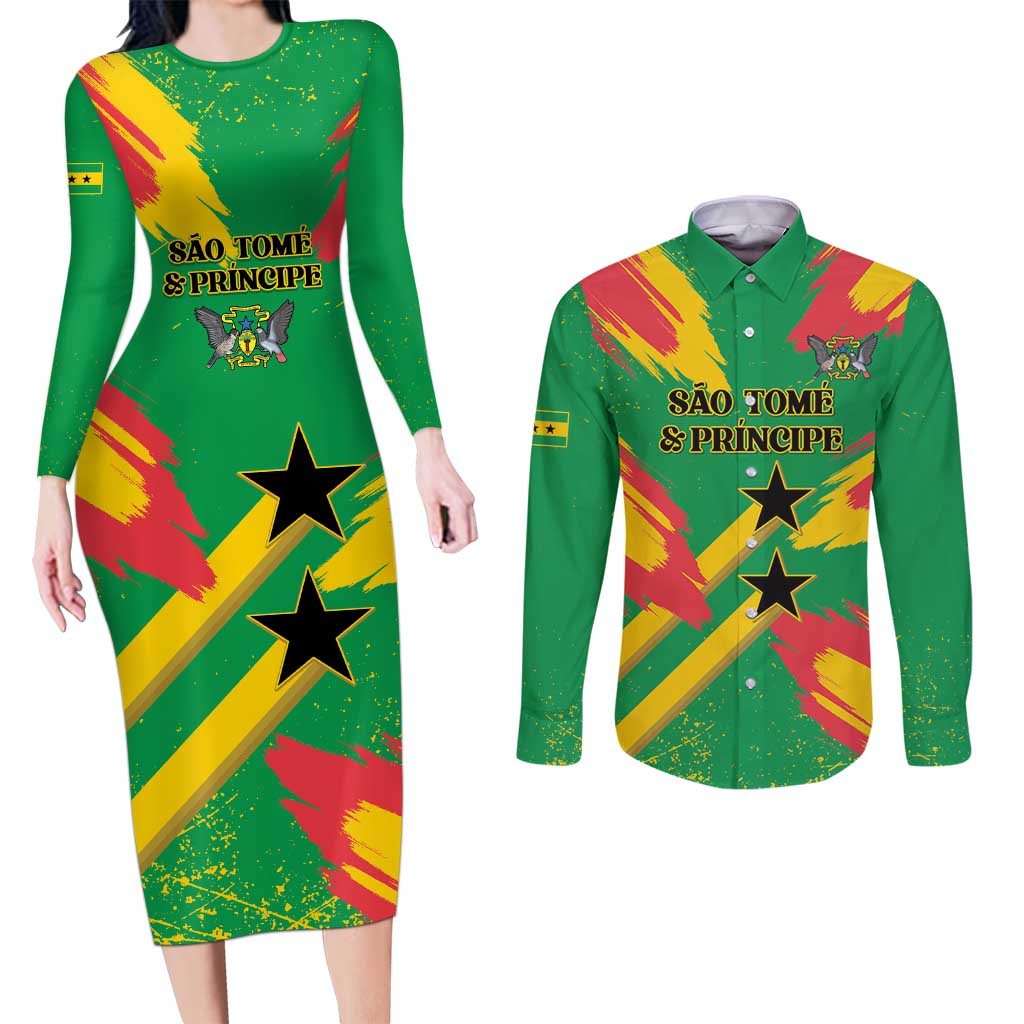 Custom Sao Tome and Principe Football Couples Matching Long Sleeve Bodycon Dress and Long Sleeve Button Shirt Selecao dos Falcoes e Papagaios