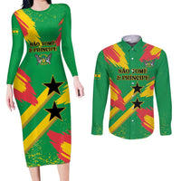 Custom Sao Tome and Principe Football Couples Matching Long Sleeve Bodycon Dress and Long Sleeve Button Shirt Selecao dos Falcoes e Papagaios