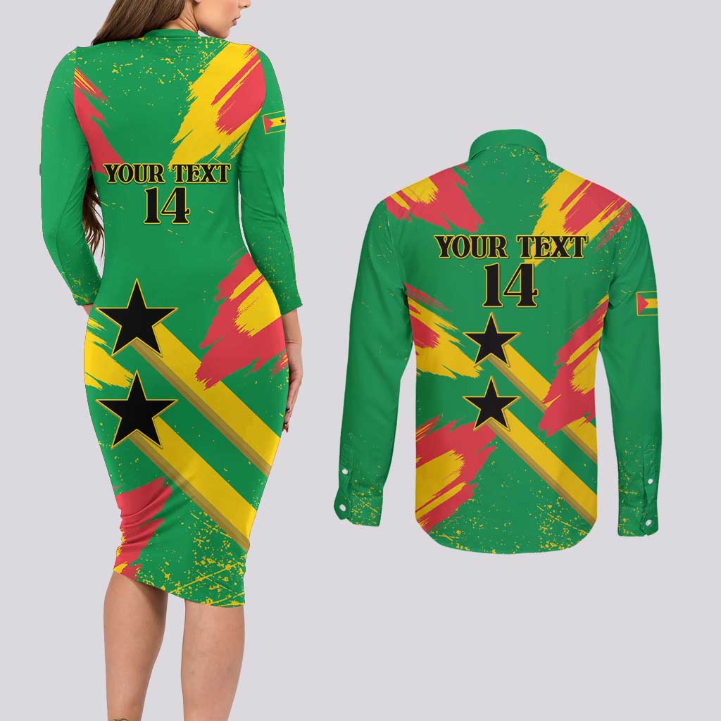 Custom Sao Tome and Principe Football Couples Matching Long Sleeve Bodycon Dress and Long Sleeve Button Shirt Selecao dos Falcoes e Papagaios