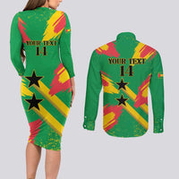 Custom Sao Tome and Principe Football Couples Matching Long Sleeve Bodycon Dress and Long Sleeve Button Shirt Selecao dos Falcoes e Papagaios