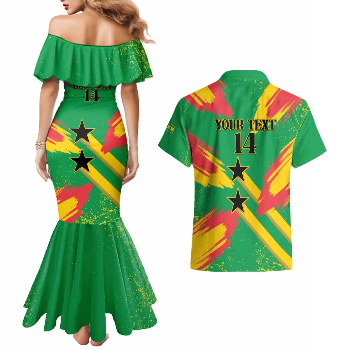 Custom Sao Tome and Principe Football Couples Matching Mermaid Dress and Hawaiian Shirt Selecao dos Falcoes e Papagaios
