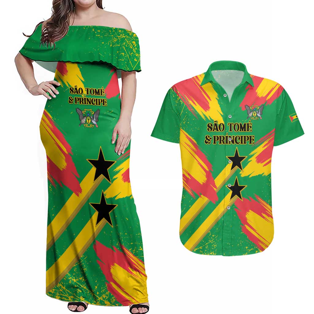 Custom Sao Tome and Principe Football Couples Matching Off Shoulder Maxi Dress and Hawaiian Shirt Selecao dos Falcoes e Papagaios