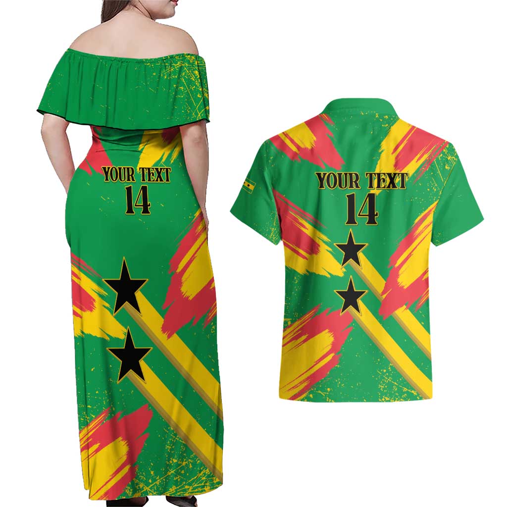 Custom Sao Tome and Principe Football Couples Matching Off Shoulder Maxi Dress and Hawaiian Shirt Selecao dos Falcoes e Papagaios