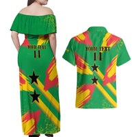 Custom Sao Tome and Principe Football Couples Matching Off Shoulder Maxi Dress and Hawaiian Shirt Selecao dos Falcoes e Papagaios