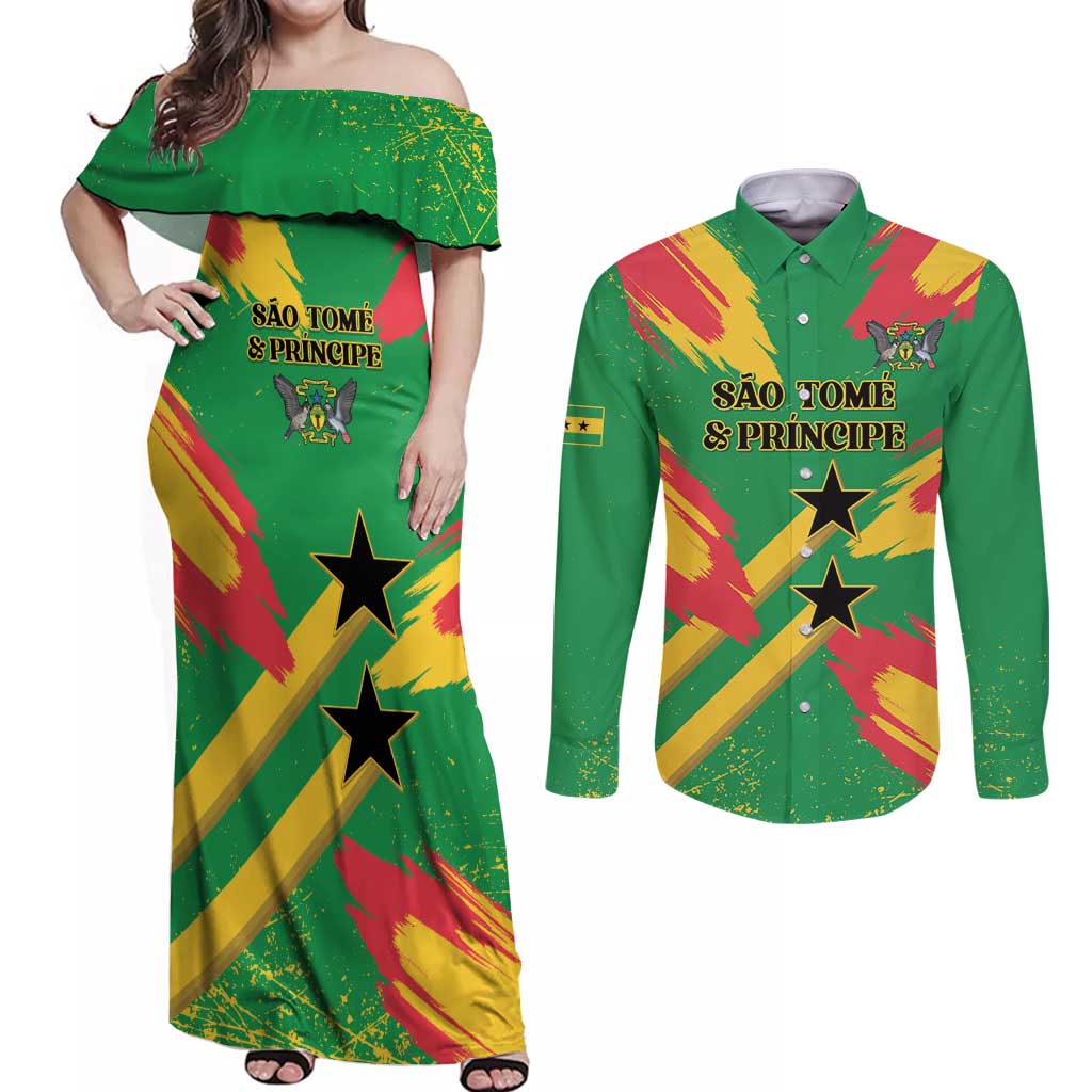 Custom Sao Tome and Principe Football Couples Matching Off Shoulder Maxi Dress and Long Sleeve Button Shirt Selecao dos Falcoes e Papagaios
