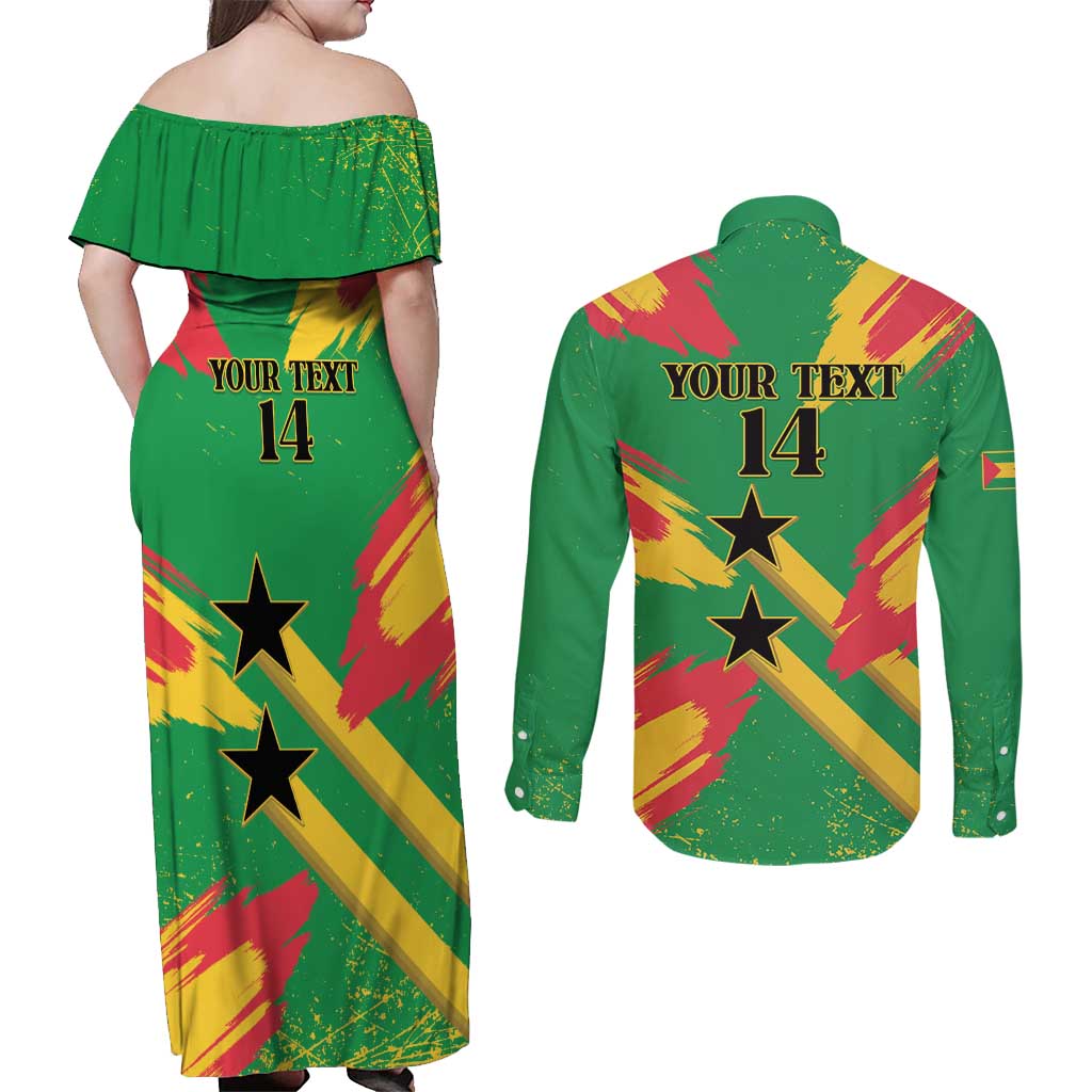 Custom Sao Tome and Principe Football Couples Matching Off Shoulder Maxi Dress and Long Sleeve Button Shirt Selecao dos Falcoes e Papagaios