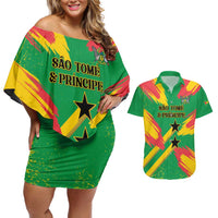 Custom Sao Tome and Principe Football Couples Matching Off Shoulder Short Dress and Hawaiian Shirt Selecao dos Falcoes e Papagaios