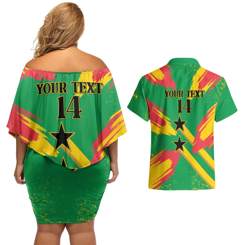 Custom Sao Tome and Principe Football Couples Matching Off Shoulder Short Dress and Hawaiian Shirt Selecao dos Falcoes e Papagaios