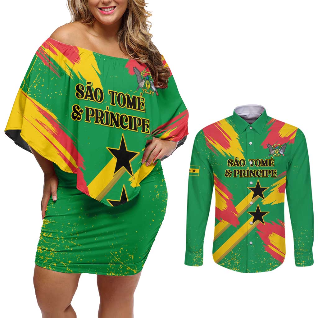 Custom Sao Tome and Principe Football Couples Matching Off Shoulder Short Dress and Long Sleeve Button Shirt Selecao dos Falcoes e Papagaios