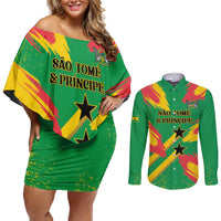 Custom Sao Tome and Principe Football Couples Matching Off Shoulder Short Dress and Long Sleeve Button Shirt Selecao dos Falcoes e Papagaios