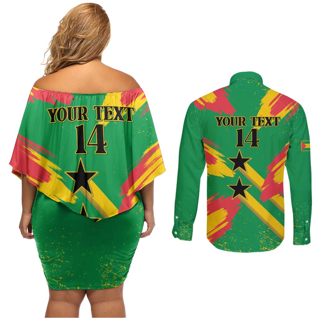 Custom Sao Tome and Principe Football Couples Matching Off Shoulder Short Dress and Long Sleeve Button Shirt Selecao dos Falcoes e Papagaios